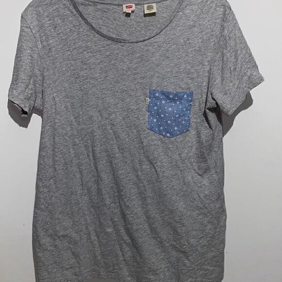 Levi's Women's Short Sleeve Boat Neck Blue Chest Pocket Gray T-Shirt Size S - Picture 1 of 9